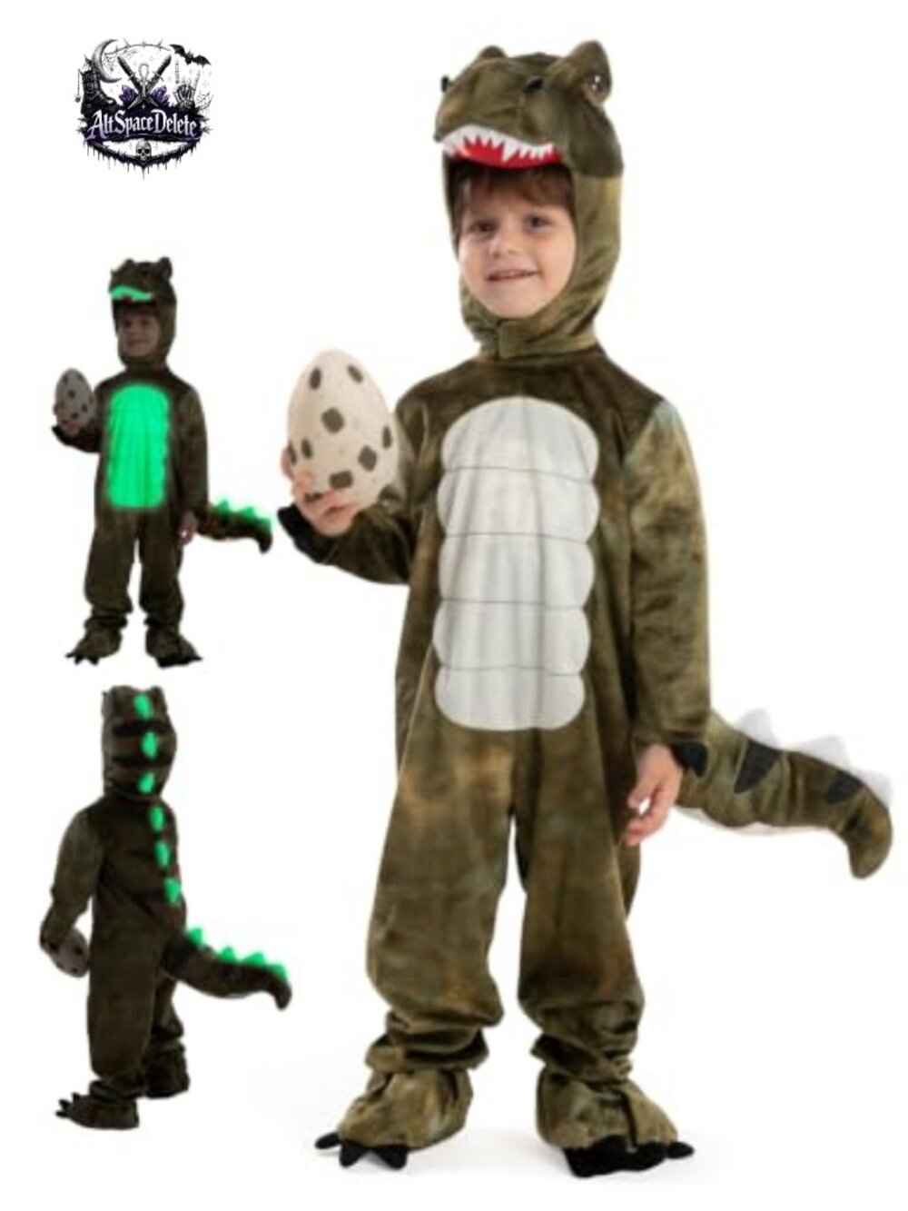 Glow in the Dark T-Rex Dinosaur Costume Kids Plush Jumpsuit Hood Tail